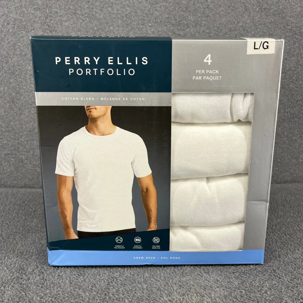 Perry Ellis Portfolio Undershirt Mens L White 4pk Crew Neck Cotton Blend UMPE376